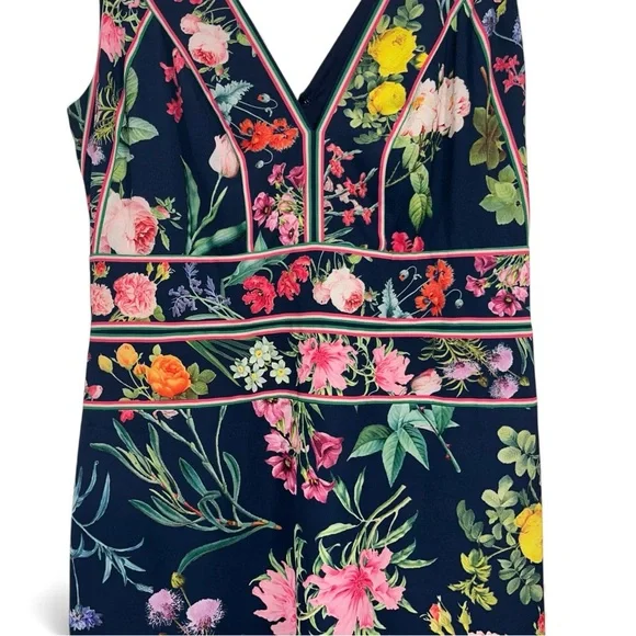 TADASHI SHOJI Olga Navy Floral Midi Dress V-Neck Sleeveless Size 6 flower EUC